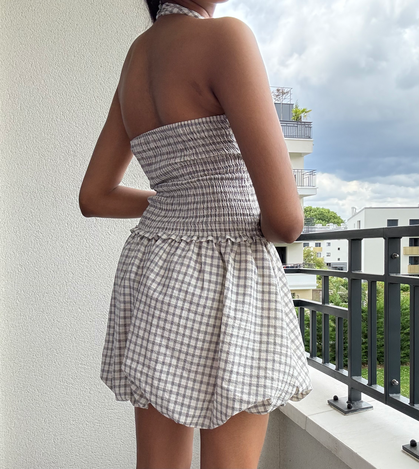 Robe à carreaux coupe ballon avec élastique au dos