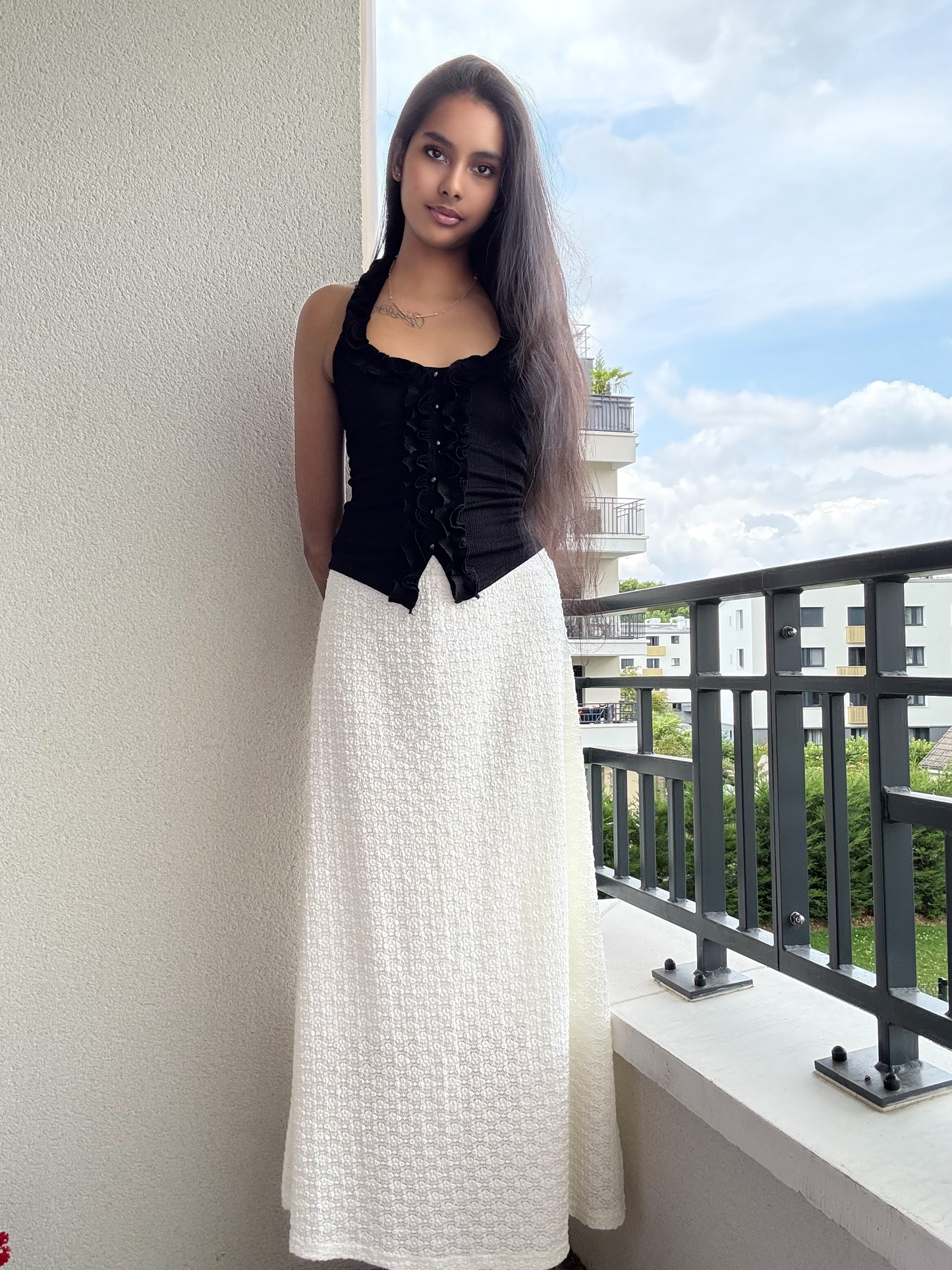 Jupe longue ample en dentelle gaufrée taille élastique